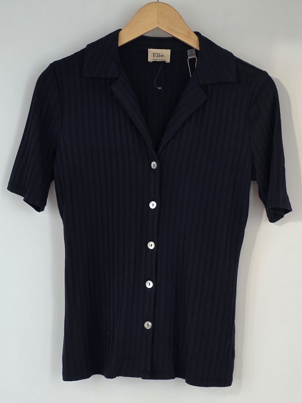 Navy Ribbed Short-Sleeve Button Up Top Womens Size Small/P
